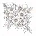 small bouquet fine line with a violet, a daisy,a rose, a larkspur, a poppy, a aster, and a chrysanthemum tattoo design idea