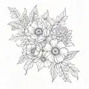 small bouquet fine line with a violet, a daisy,a rose, a larkspur, a poppy, a aster, and a chrysanthemum tattoo design idea