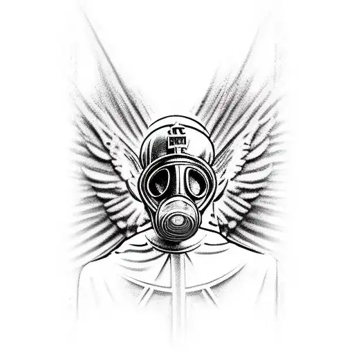 Cracked Statue of St.Michael wearing a gas mask tattoo design idea