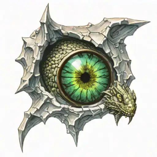 dragon or lizard eye incorporated inside one of d20 dice walls that is placed on chest tattoo design idea