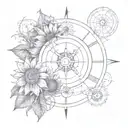 An intricate clockwork design incorporating sunflowers and the north star, symbolizing the balance between staying young at heart and finding direction in life tattoo design idea
