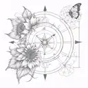 An intricate clockwork design incorporating sunflowers and the north star, symbolizing the balance between staying young at heart and finding direction in life tattoo design idea