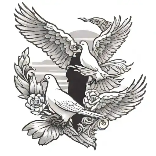 2 white doves flying and a small boy holding his fathers hand walking tattoo design idea