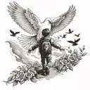 2 white doves flying and a small boy holding his fathers hand walking tattoo design idea