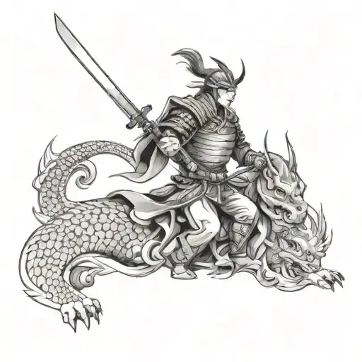 A sleek and modern version of a samurai warrior with a hidden dragon motif tattoo design idea