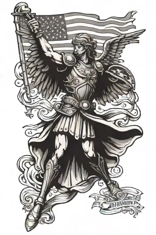 Saint Michael the Archangel and American flag tattoo design idea