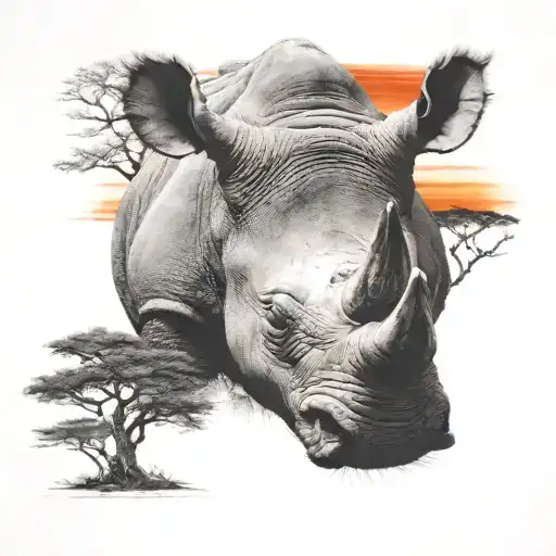 charging rhinoceros in front of South African Savannah and orange-red sun and sundown with dark acacia trees in back tattoo design idea