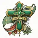 a cross with a emerald in the middle and a banner saying Privitera and a Filipino flag with stars tattoo design idea