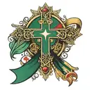 a cross with a emerald in the middle and a banner saying Privitera and a Filipino flag with stars tattoo design idea