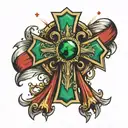 a cross with a emerald in the middle and a banner saying Privitera and a Filipino flag with stars tattoo design idea