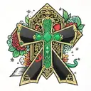 a cross with a emerald in the middle and a banner saying Privitera and a Filipino flag with stars tattoo design idea