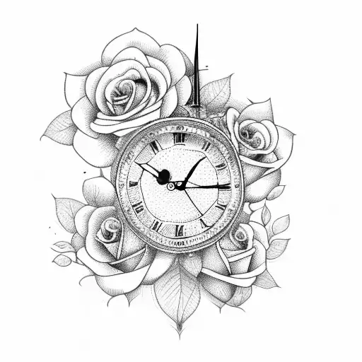 clock with roses tattoo design idea