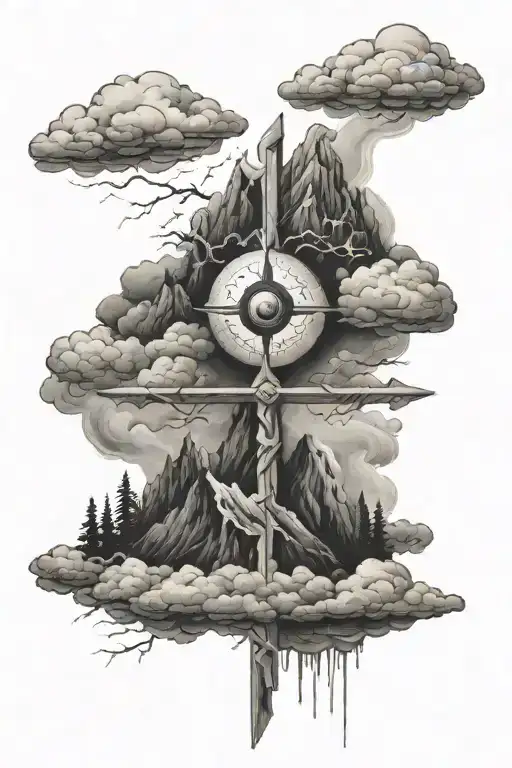 cross surrounded by cloud storm with an eye and a mountain   tattoo design idea