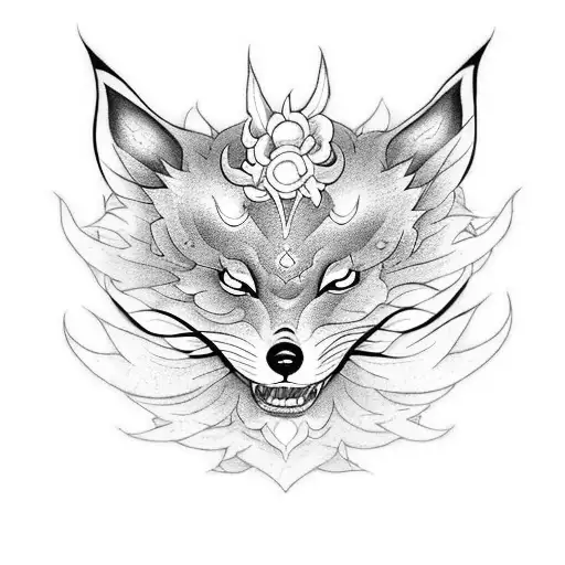 Diseño de tatuaje en la espalda para mujer que contenga los siguientes símbolos japoneses un kitsune, un hebi, un fudo m tattoo design idea