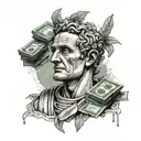 Julius Caesar statue counting money tattoo design idea