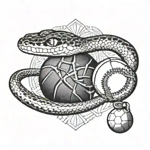 A diamondback snake intertwined with basketball and baseball equipment, representing the Arizona Diamondbacks and Phoenix Suns tattoo design idea