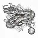 A diamondback snake intertwined with basketball and baseball equipment, representing the Arizona Diamondbacks and Phoenix Suns tattoo design idea