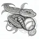 A diamondback snake intertwined with basketball and baseball equipment, representing the Arizona Diamondbacks and Phoenix Suns tattoo design idea