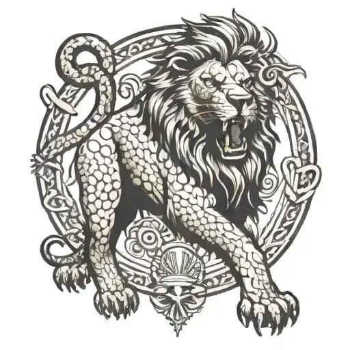 Imagine a powerful lion roaring in the center of abdomen with battle between grizzly bear and python tattoo design idea