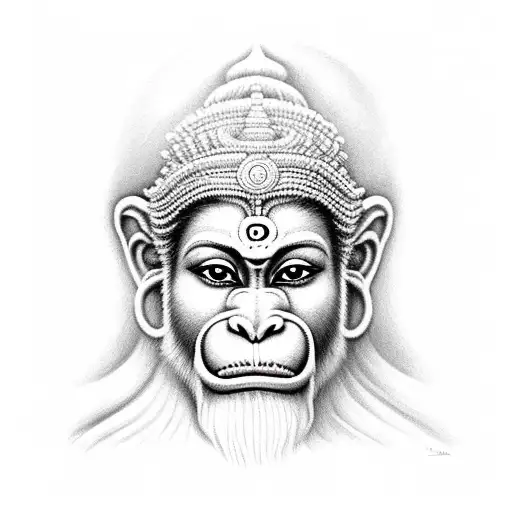 A realistic portrait of a serene Hanuman meditating in a tranquil setting tattoo design idea