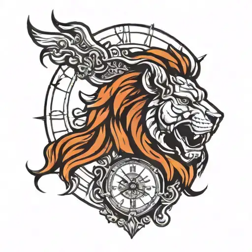 spartan lion clock face tattoo design idea