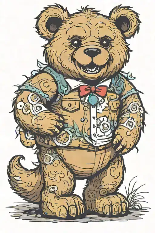 fluffy teddy bear stepping out of a trex costume standing tattoo design idea