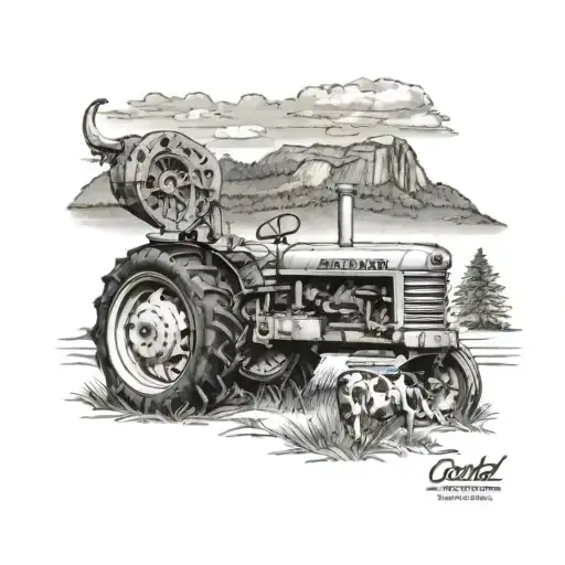ford work master tractor, with cows around it, and Mount Yonah in the background  tattoo design idea