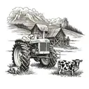 ford work master tractor, with cows around it, and Appalachian mountains in the background  tattoo design idea