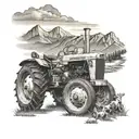 ford work master tractor, with cows around it, and Appalachian mountains in the background  tattoo design idea