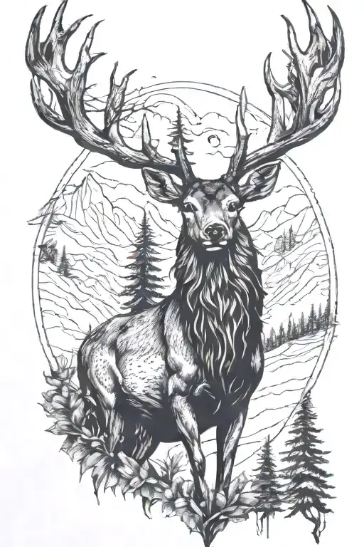 hunting deer turkey elf mountain  tattoo design idea