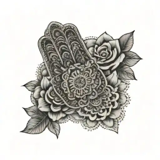 hamsa on the left bicep and around a set of mandalas and flowers, tattoo for half the arm tattoo design idea