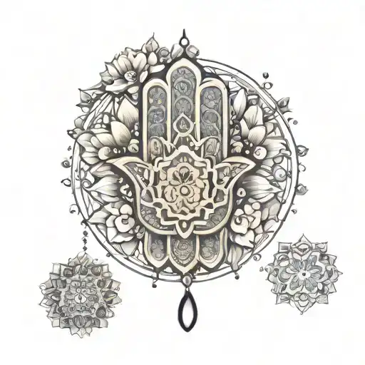 hamsa on the left bicep and around a set of mandalas and flowers, tattoo for half the arm tattoo design idea