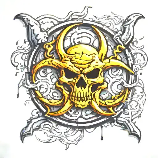3D biohazard symbol, meticulously crafted to convey the inherent dangers and pervasive toxicity of the environment. Posi tattoo design idea