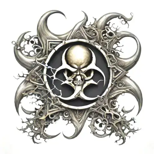 3D biohazard symbol, meticulously crafted to convey the inherent dangers and pervasive toxicity of the environment. Posi tattoo design idea