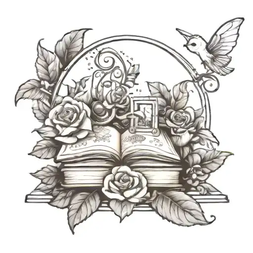 magic rose flower garden scene featuring fairies, books and crescent moon tattoo design idea