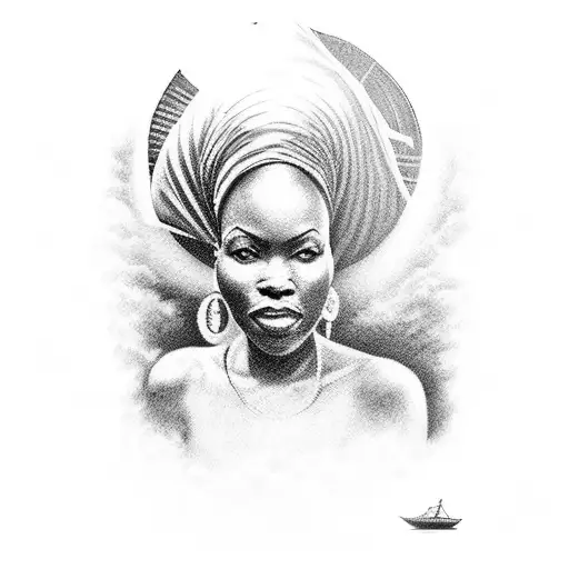 African queen on a boat on storm  tattoo design idea