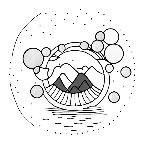A tranquil lake scene with a basketball floating on the water's surface tattoo design idea