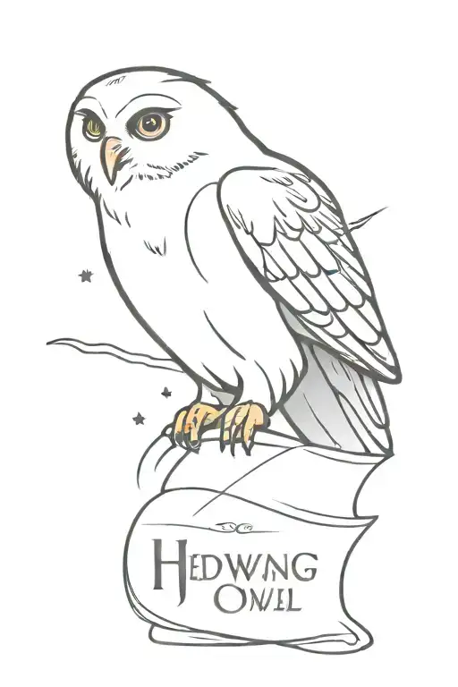A minimalist portrait of Hedwig the owl flying with a Hogwarts letter in its beak tattoo design idea