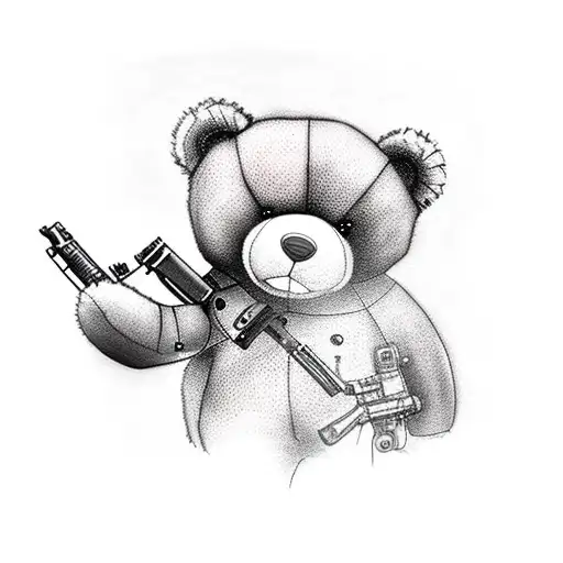 a cute teddy bear standing and holding an m16 gun tattoo design idea