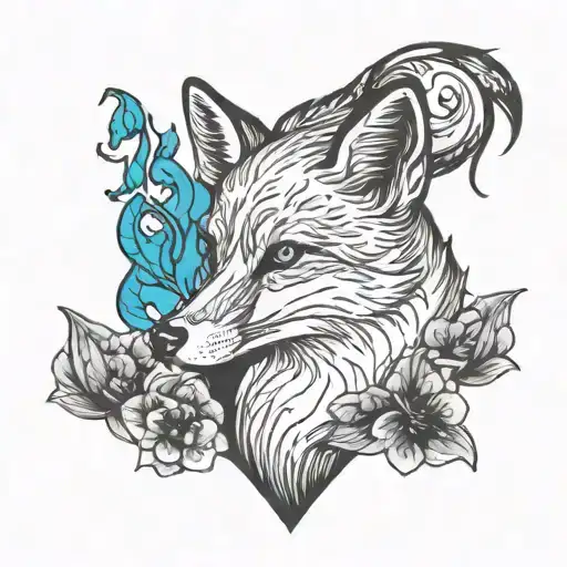 A fox playing with fire, surrounded by blue Bell flowers tattoo design idea