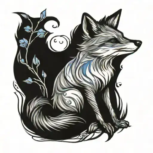 A fox playing with fire, surrounded by blue Bell flowers tattoo design idea