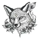 A fox playing with fire, surrounded by blue Bell flowers tattoo design idea