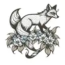 A fox playing with fire, surrounded by blue Bell flowers tattoo design idea