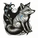 A fox playing with fire, surrounded by blue Bell flowers tattoo design idea
