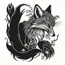 A fox playing with fire, surrounded by blue Bell flowers tattoo design idea