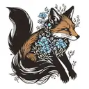 A fox playing with fire, surrounded by blue Bell flowers tattoo design idea