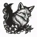 A fox playing with fire, surrounded by blue Bell flowers tattoo design idea