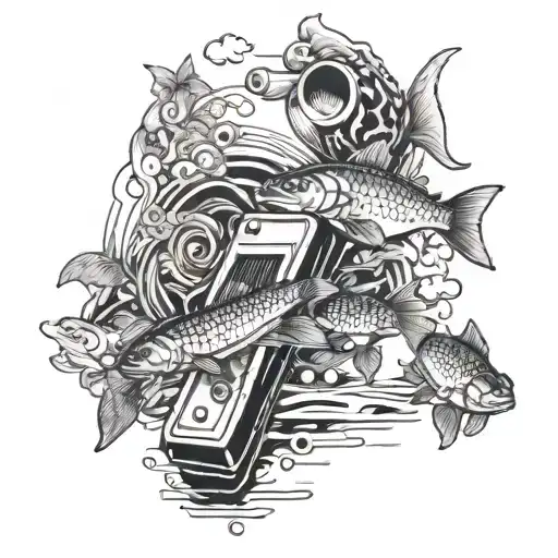 A harmonica transforming into a school of fish swimming in a golf course pond tattoo design idea