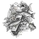 A harmonica transforming into a school of fish swimming in a golf course pond tattoo design idea