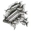A harmonica transforming into a school of fish swimming in a golf course pond tattoo design idea